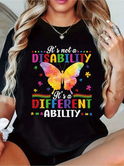 Women's Autism Awareness Butterfly Graphic T-Shirt, Colorful Puzzle Piece Inspirational Crew Neck Short Sleeve Casual Tee, Neurodiversity Support Shirt