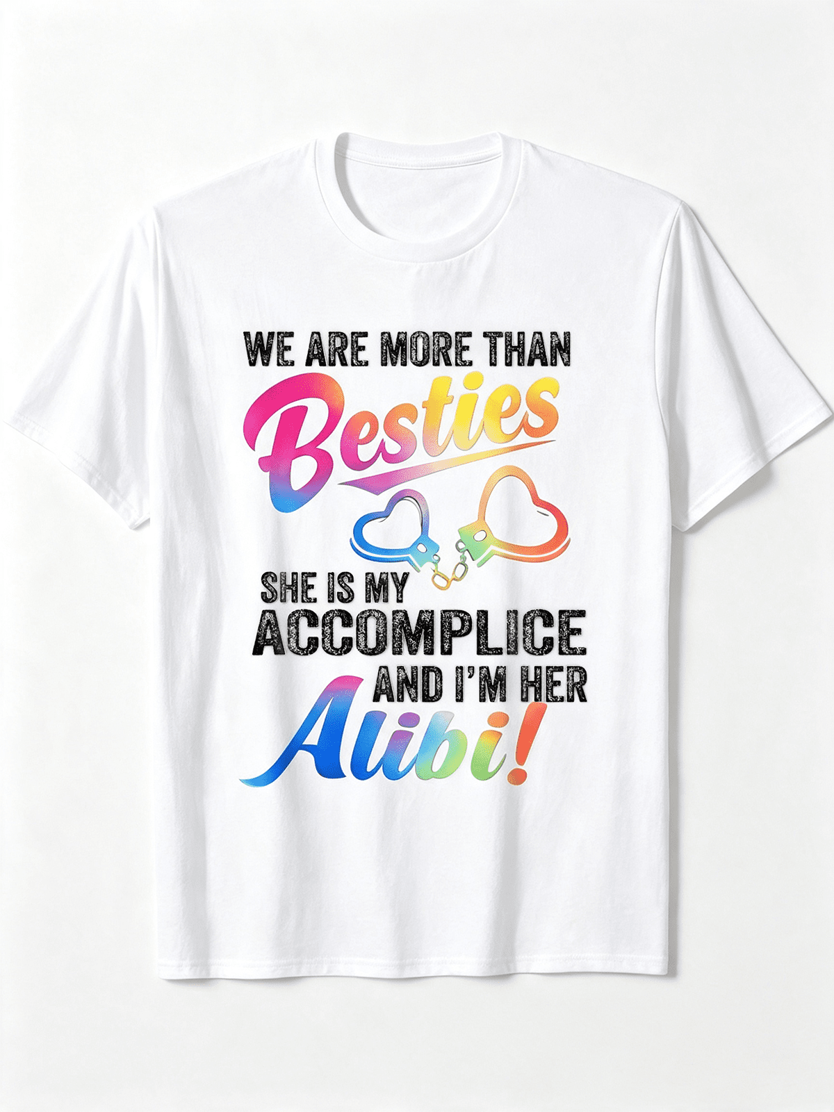 Women’s We Are More Than Besties She’s My Accomplice I’m Her Alibi Rainbow Graphic Short Sleeve T-Shirt, Funny Best Friend Matching Tee Casual Crew Neck Top For BFF Gift