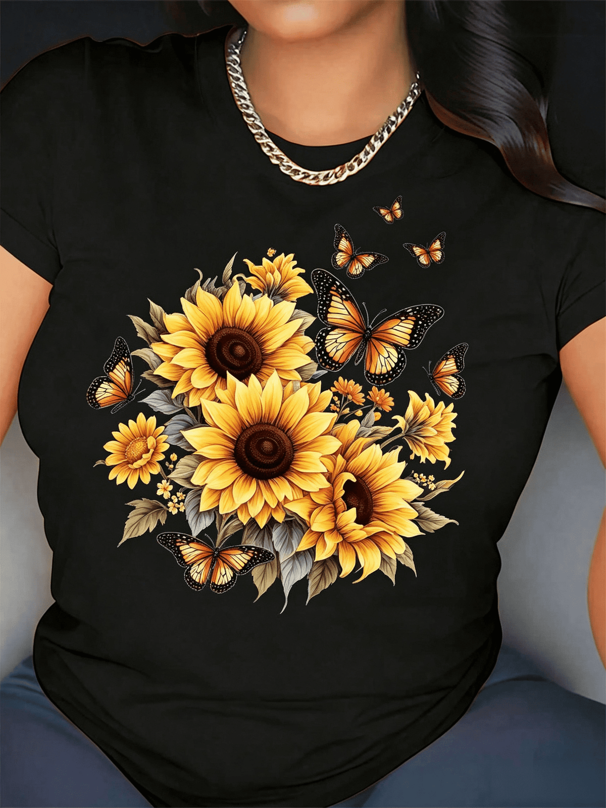 Women's Black Sunflower Butterfly Print T-Shirt - Vibrant Yellow Sunflowers & Orange Butterflies On Black