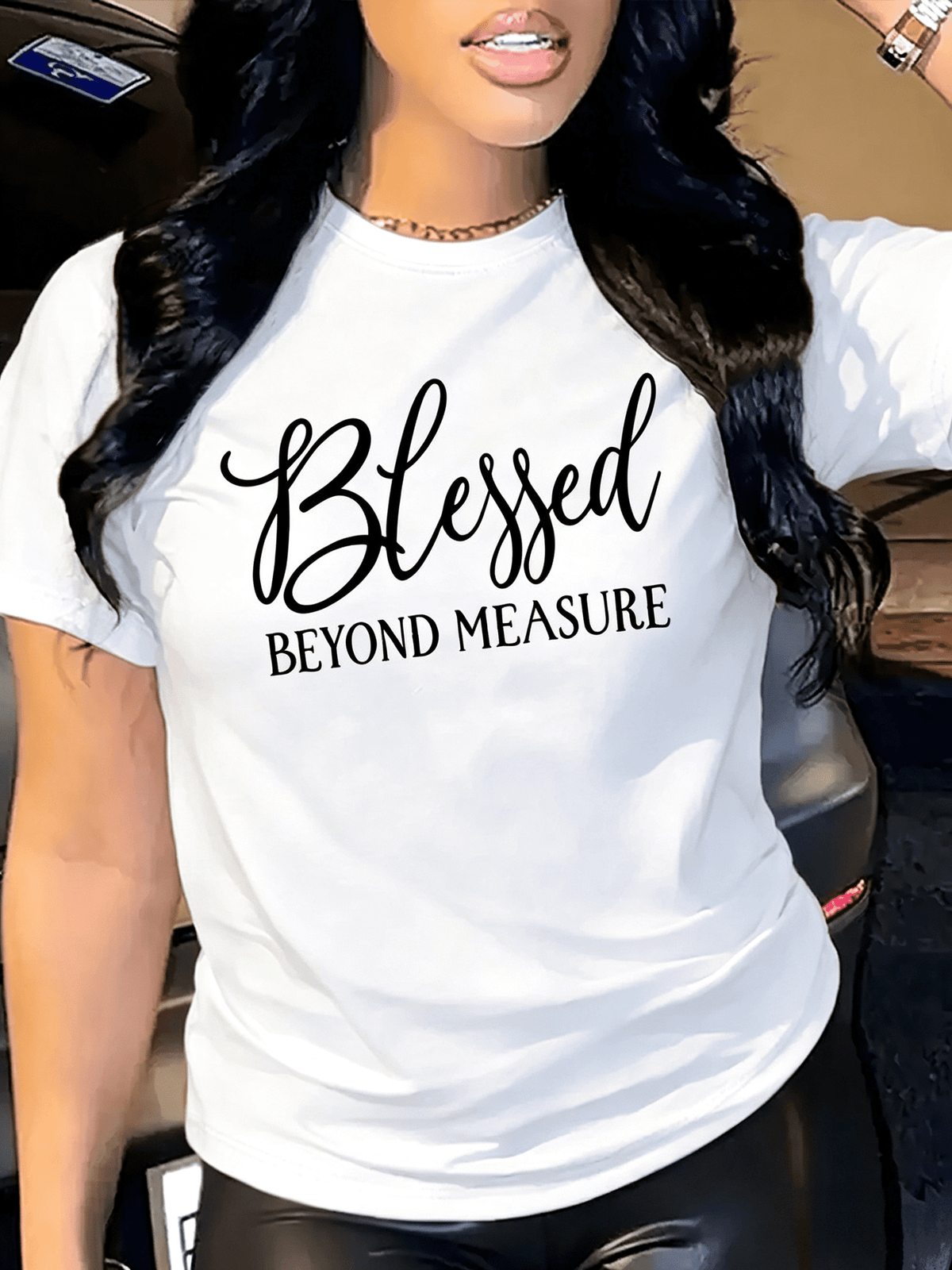 Women's Blessed Beyond Measure Graphic T‑Shirt, Religious Faith Short Sleeve Crew Neck Casual Tee