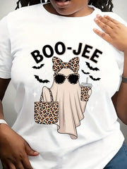 Women’s Boo-Jee Leopard Ghost Graphic T-Shirt, Cute Bougie Ghost With Coffee Bag Bow Sunglasses Print Crew Neck Short Sleeve Tee, Soft Cotton Funny Girly Fall Halloween Casual Top