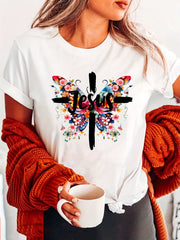 Women's Butterfly Floral Print T-Shirt, Short Sleeve Crew Neck Casual Top for Spring & Summer, Everyday Comfort Wear Religious Motif Apparel