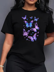 Women's Butterfly Print Short-Sleeve T-Shirt | Round Neck Top All-Season