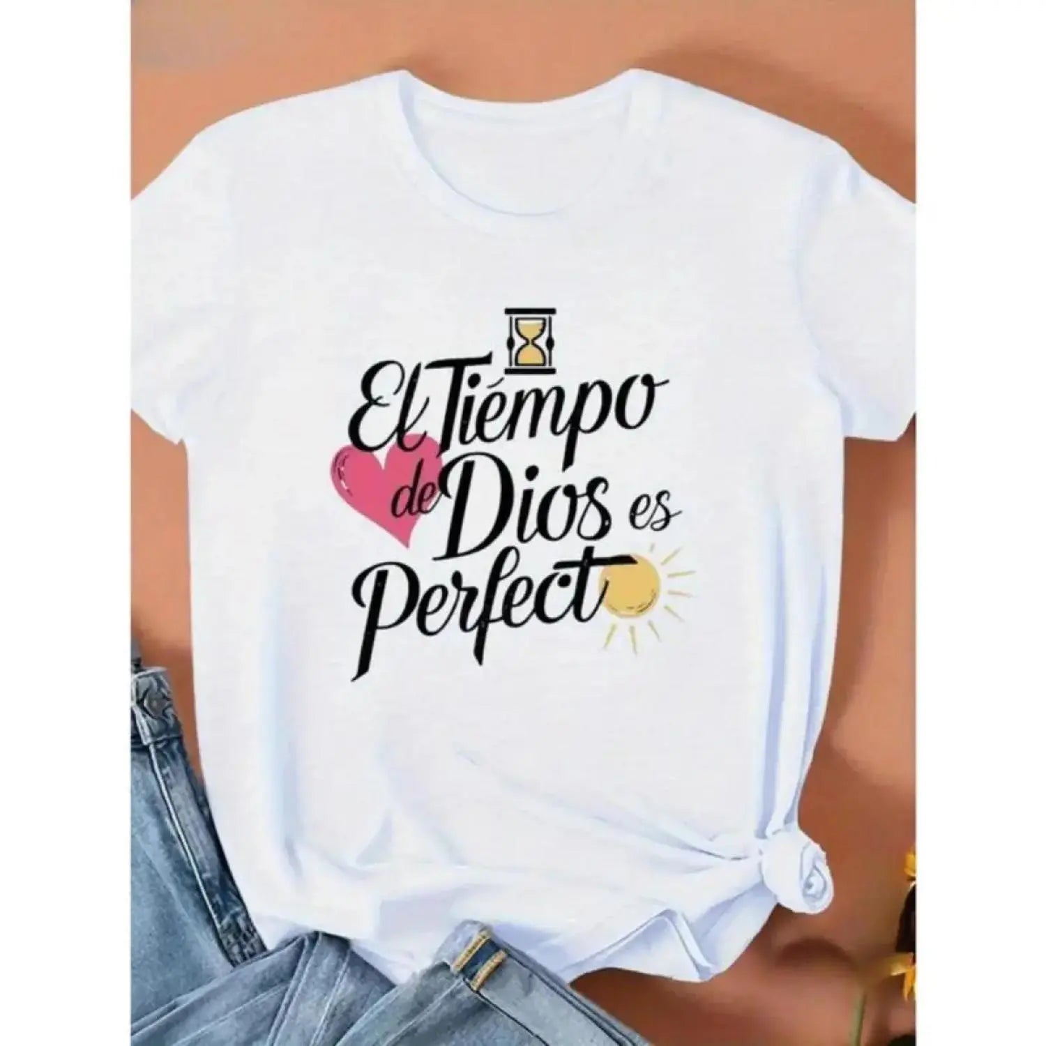 Women's Casual Loose Sports Top, Ultra-Light Breathable Inspirational Quote Graphic Print T-Shirt with Spanish "El Tiempo De Dios Es Perfecto", Round Neck Short Sleeve