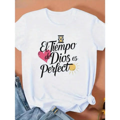 Women's Casual Loose Sports Top, Ultra-Light Breathable Inspirational Quote Graphic Print T-Shirt with Spanish "El Tiempo De Dios Es Perfecto", Round Neck Short Sleeve