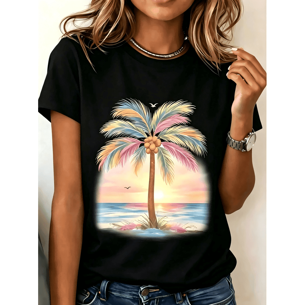 Women's Casual Round Neck Short Sleeve T-Shirt With Tropical Palm Tree Sunset Print Perfect For Summer Beach Outfits