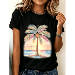 Women's Casual Round Neck Short Sleeve T-Shirt With Tropical Palm Tree Sunset Print Perfect For Summer Beach Outfits