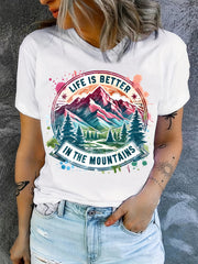 Women's Casual Short Sleeve T-Shirt - "Life Is Better In The Mountains" Graphic Print, Vibrant Geometric Mountain Landscape Design, Breathable Stretchy Fabric for Hiking, Camping & Outdoor Adventures