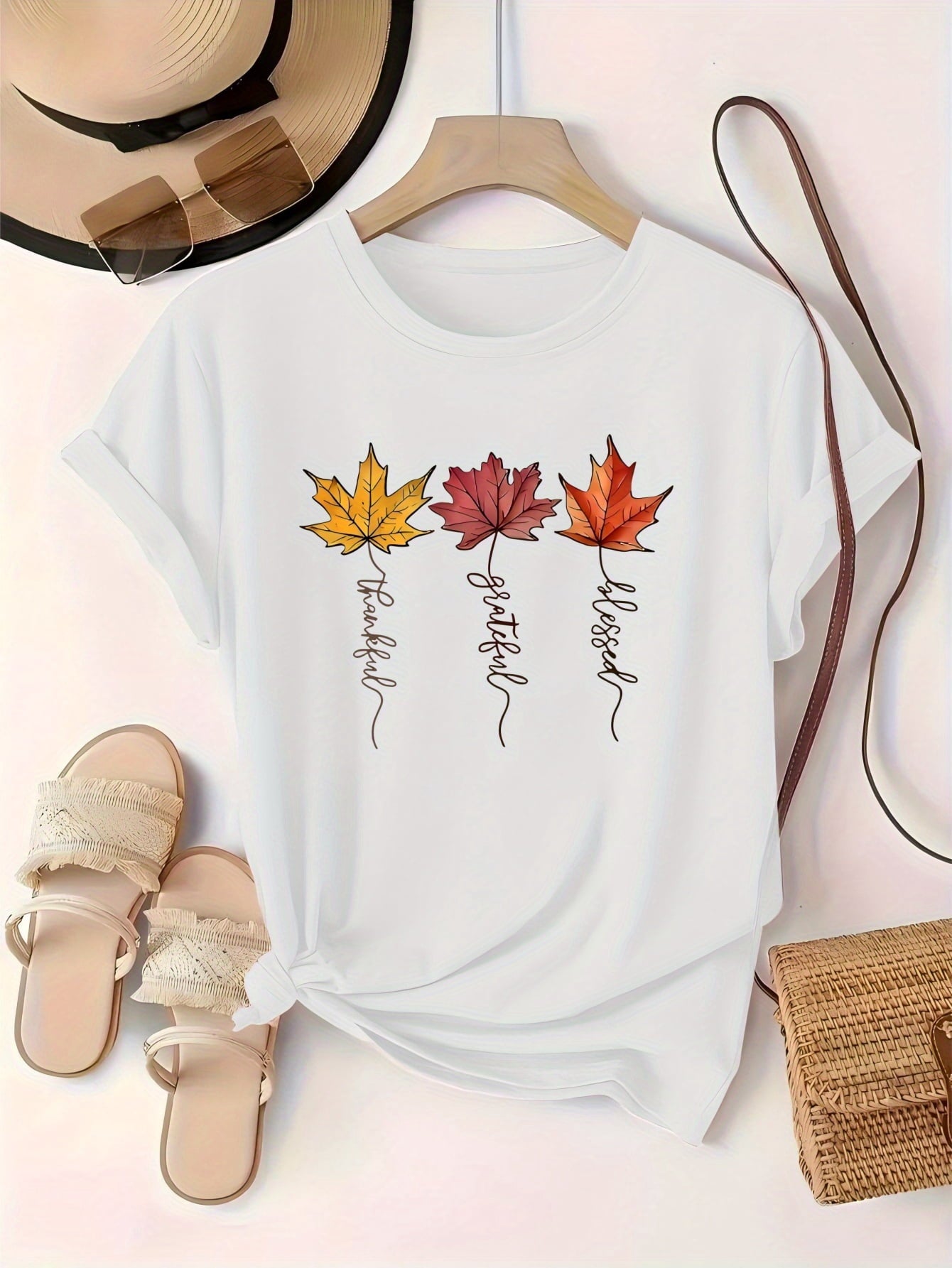 Women's Casual Short Sleeve T-Shirt with Autumn Maple Leaf Print & "Hello Autumn" Script