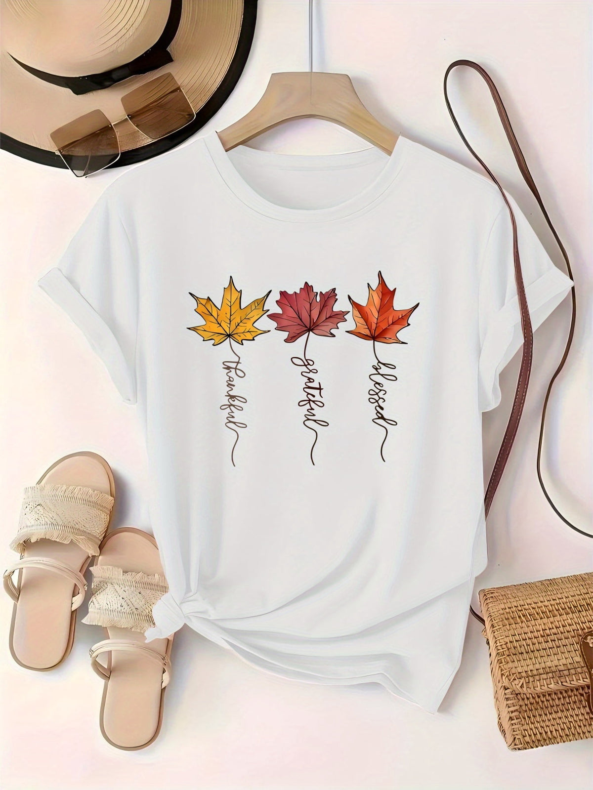 Women's Casual Short Sleeve T-Shirt with Autumn Maple Leaf Print & "Hello Autumn" Script