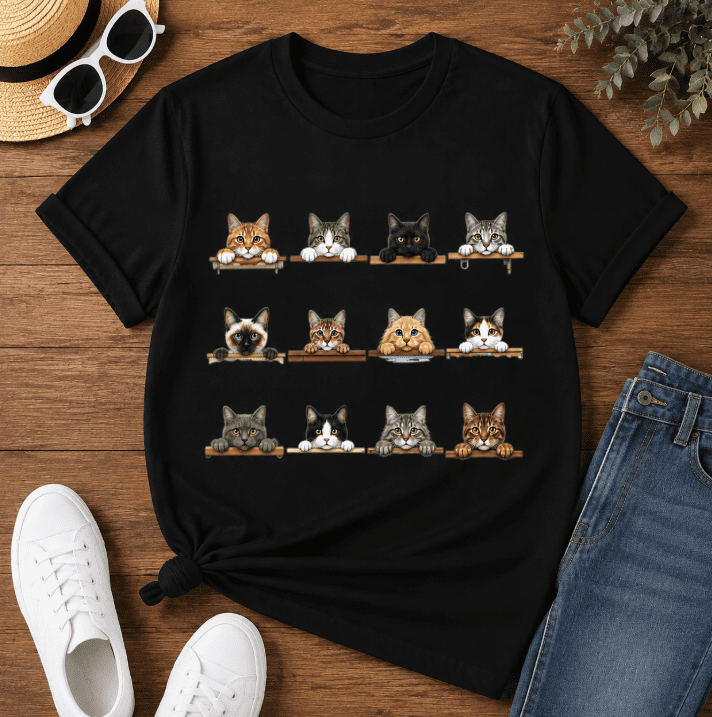 Women's Cat Lover Graphic T-Shirt, Cute Cartoon Cat Breed Illustration Print Short Sleeve Tee, Funny Multiple Cats Crew Neck Casual Top