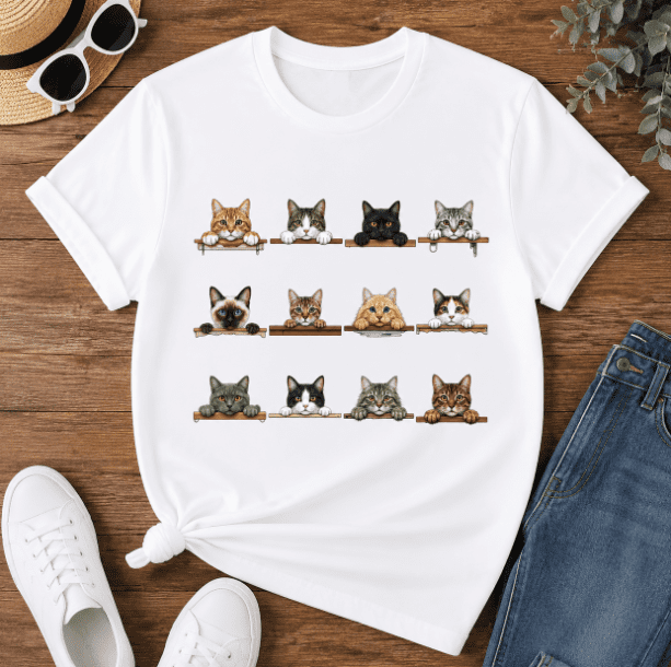Women's Cat Lover Graphic T-Shirt, Cute Cartoon Cat Breed Illustration Print Short Sleeve Tee, Funny Multiple Cats Crew Neck Casual Top
