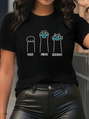 Women's Cat Lover Graphic T Shirt, Cute Paw Print Rock Paper Scissors Design, Funny Pet Mom Short Sleeve Tee, Casual Cotton Shirt Gift For Cat Owners