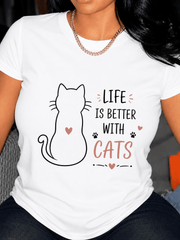 Women's Cat Lover Graphic T-Shirt Life Is Better With Cats Casual Short Sleeve Crew Neck Tee