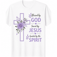 Women's Christian Cross T-Shirt Purple Floral Faith Graphic Tee Blessed by God Saved by Jesus Inspirational Shirt Faith Inspired Blessed by God Saved by Jesus Purple Flower Casual Tee