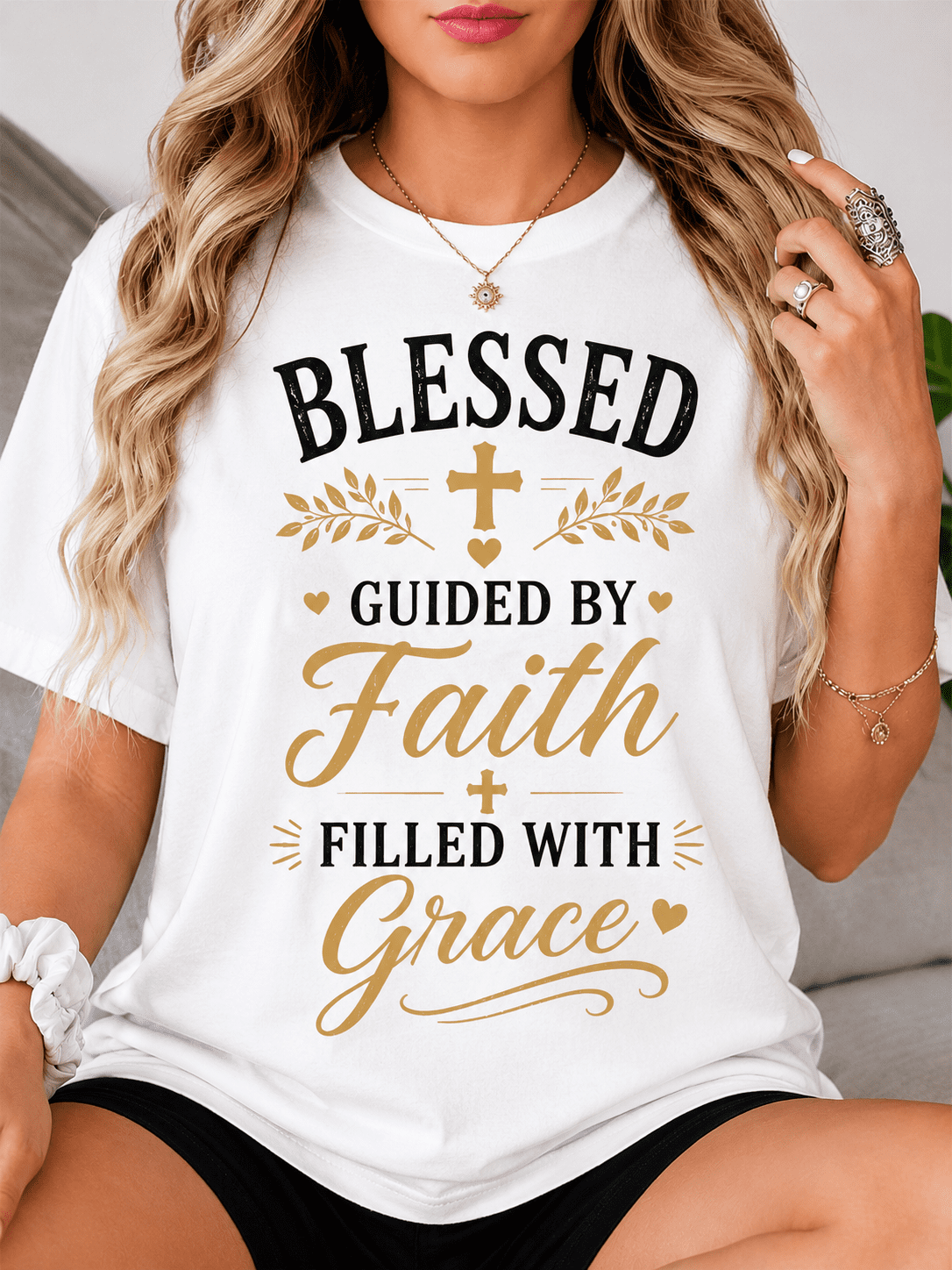 Women's Christian Faith Graphic T-Shirt Blessed Guided by Faith Filled with Grace Inspirational Religious Tee
