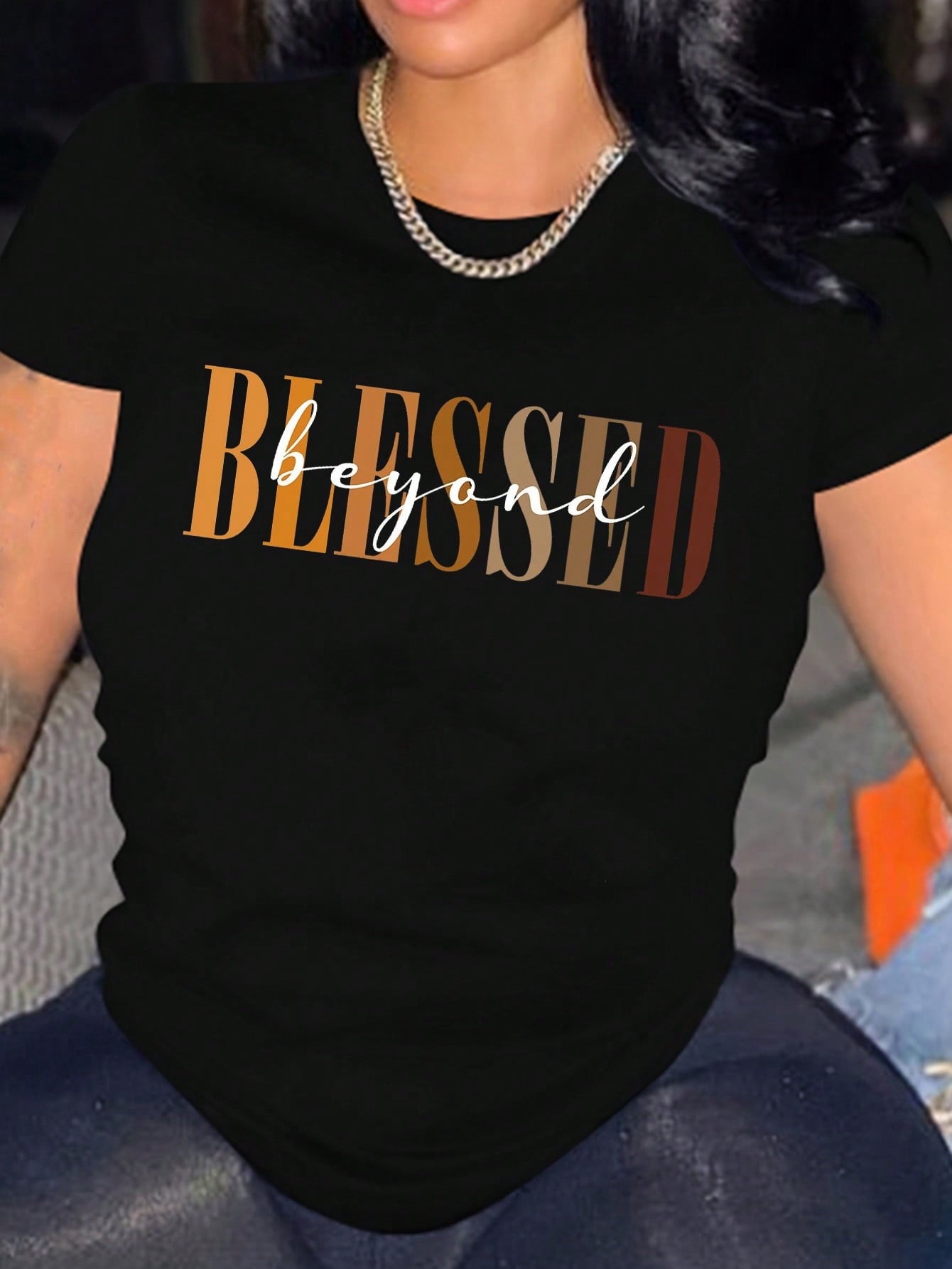 Women's Christian Faith Graphic T-Shirt, Inspirational Beyond Blessed Letter Print Tee, Casual Crew Neck Short Sleeve Religious Shirt, Soft Comfortable Everyday Top, Faith Based Gift for Women