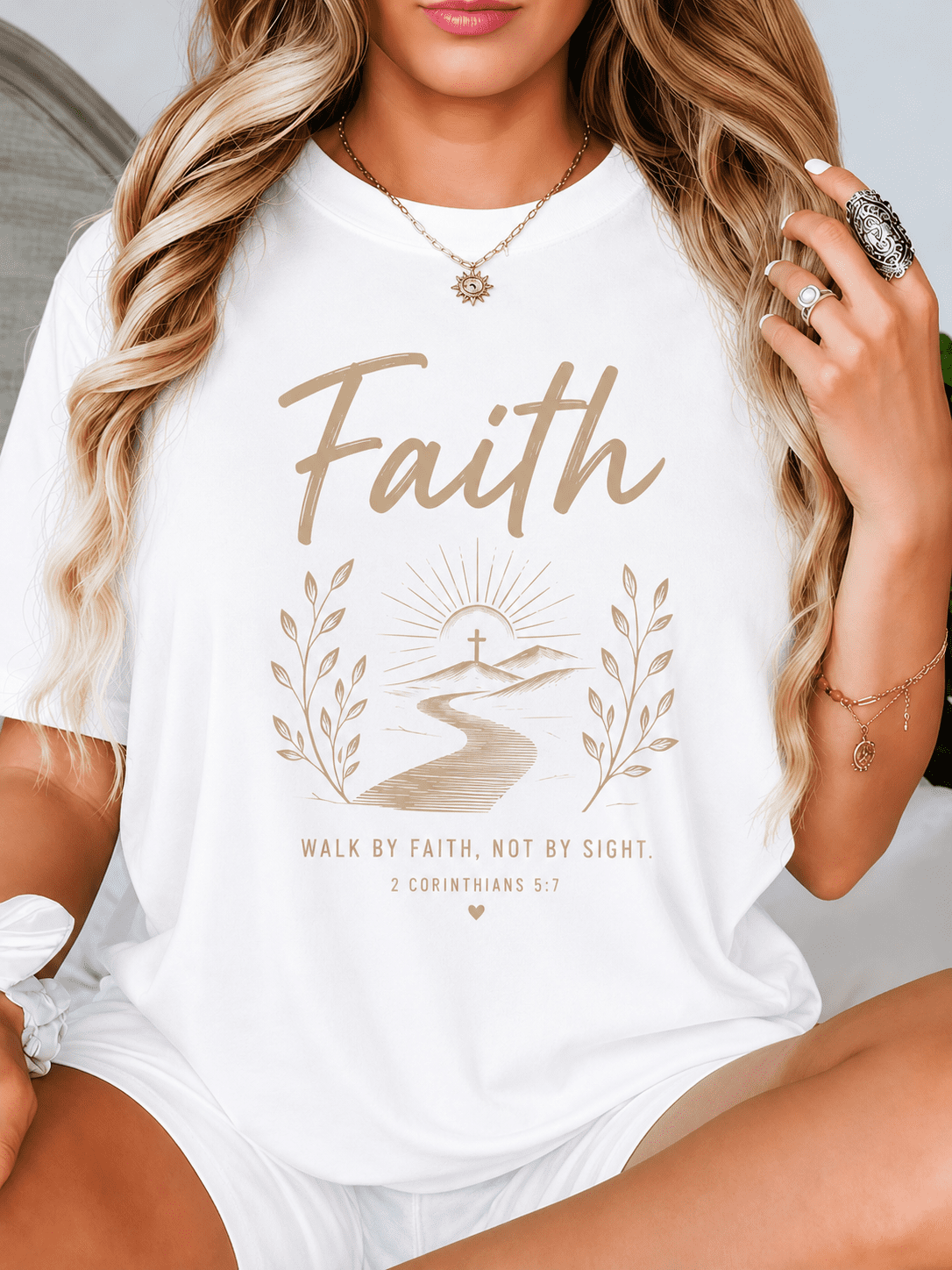 Women's Christian Faith T-Shirt - "Walk By Faith Not By Sight" Bible Verse 2 Corinthians 5:7, Inspirational Cross Mountain Graphic Top for Church