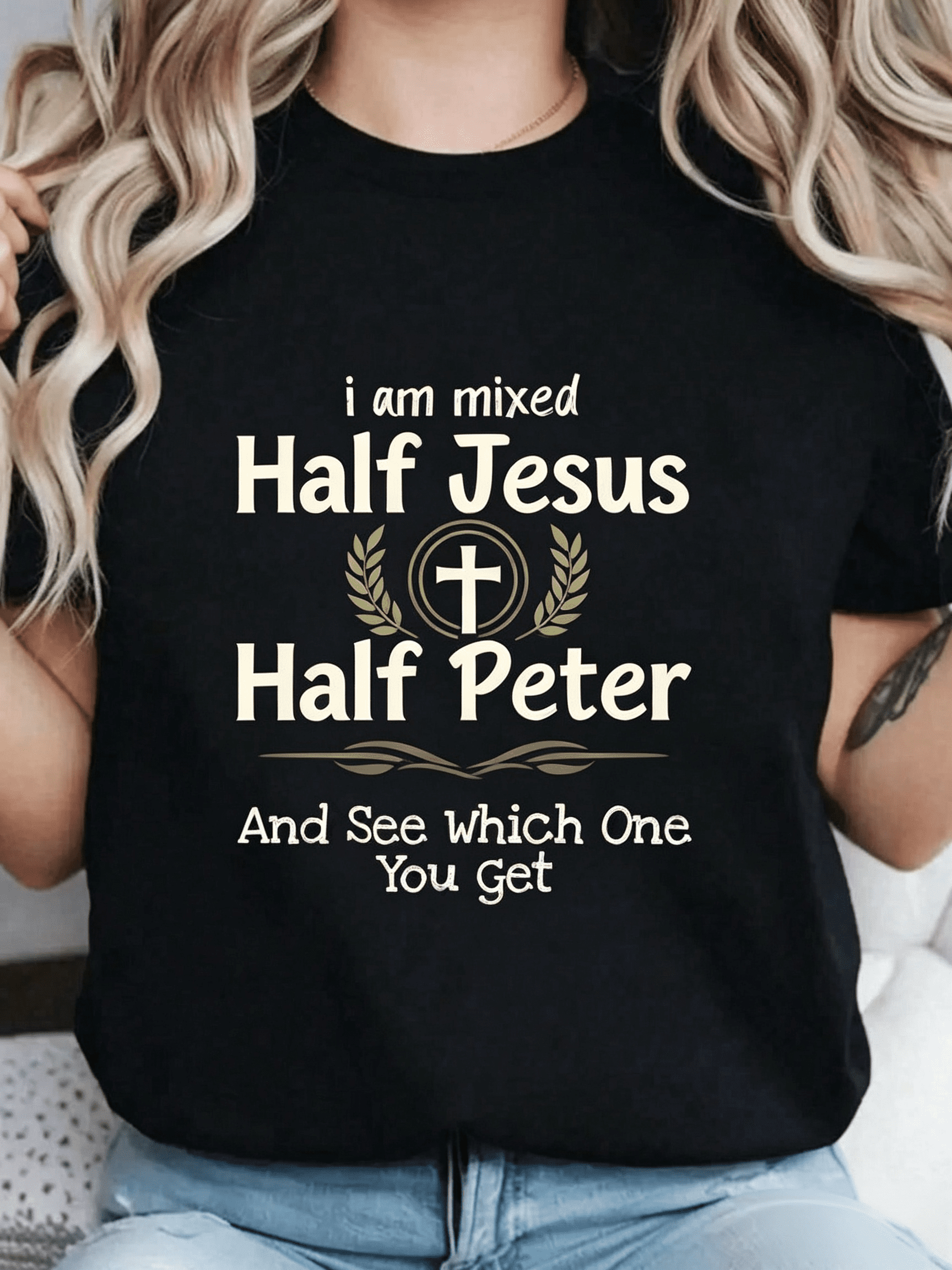 Women’s Christian Graphic Crew Neck T-Shirt, I Am Mixed Half Jesus Half Peter Runup Faith Religious Cross Print Soft Cotton Short Sleeve Tee Casual Church Daily Top