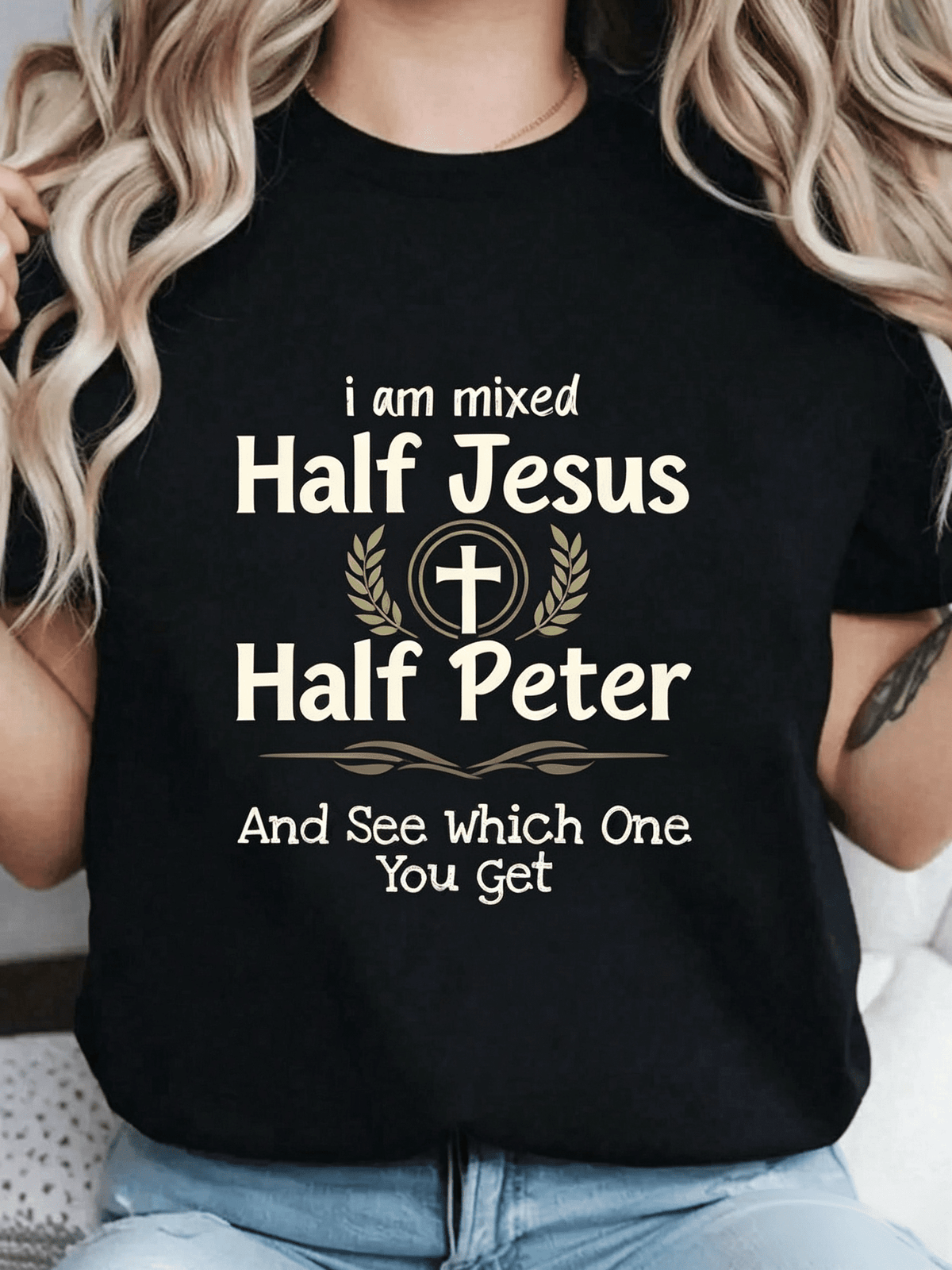 Women’s Christian Graphic Crew Neck T-Shirt, I Am Mixed Half Jesus Half Peter Runup Faith Religious Cross Print Soft Cotton Short Sleeve Tee Casual Church Daily Top