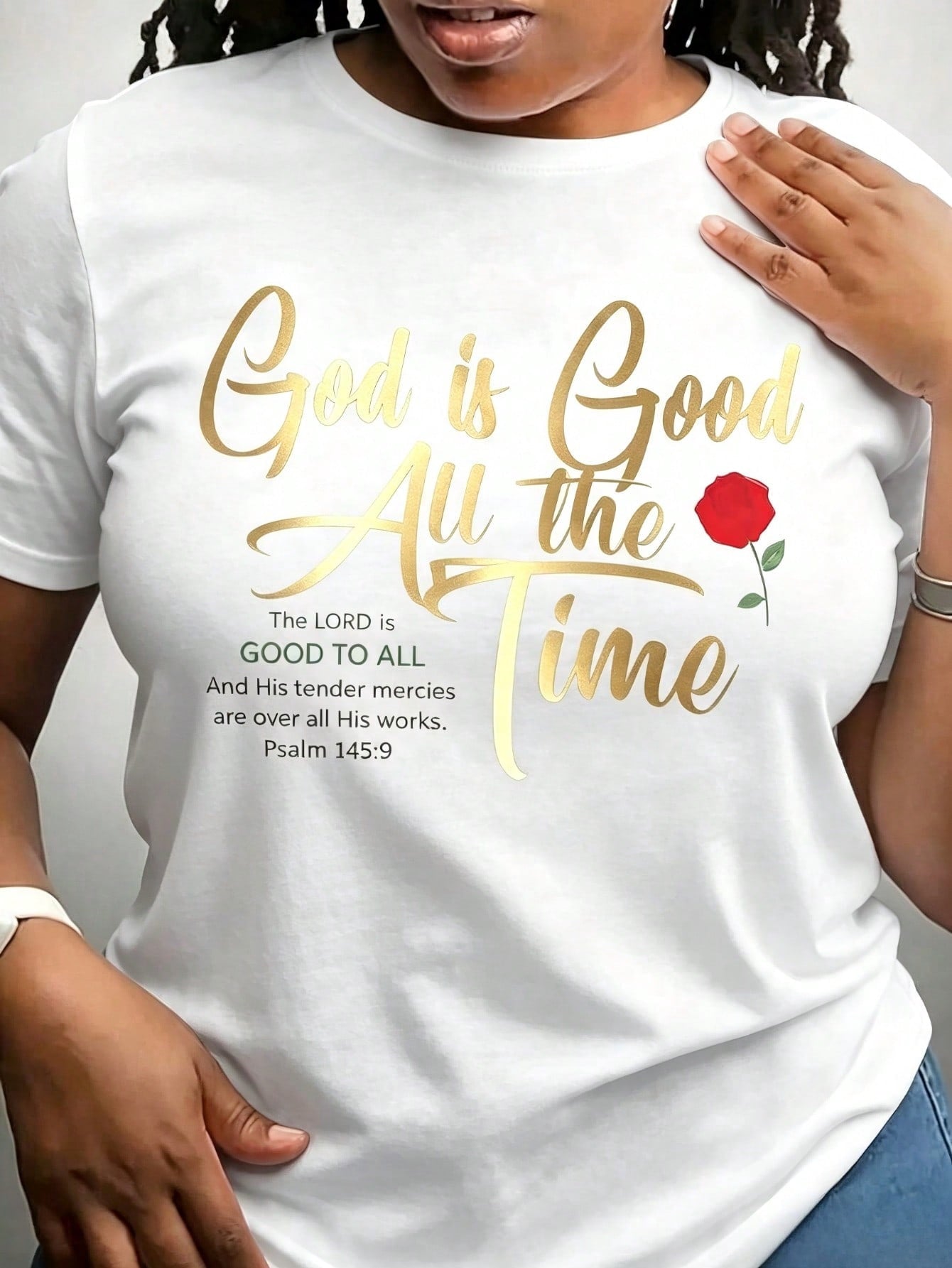 Women's Christian Graphic T-Shirt, God Is Good All the Time Psalm 145:9 Faith Print Crew Neck Short Sleeve Casual Tee, Religious Inspirational Shirt