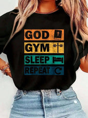 Women's Christian Gym Graphic T-Shirt, God Gym Sleep Repeat Faith Print, Vintage Workout Crew Neck Short Sleeve Tee, Inspirational Fitness Casual Shirt