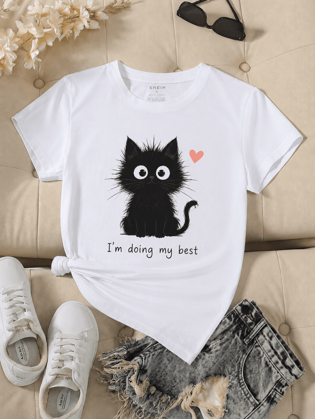 Women's Cute Black Cat Graphic Tee, Funny Positive Quote "I'm Doing My Best" T-Shirt, Casual Short Sleeve Crew Neck Soft Summer Top, Kawaii Cat Lover Gift, White