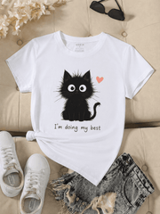 Women's Cute Black Cat Graphic Tee, Funny Positive Quote "I'm Doing My Best" T-Shirt, Casual Short Sleeve Crew Neck Soft Summer Top, Kawaii Cat Lover Gift, White