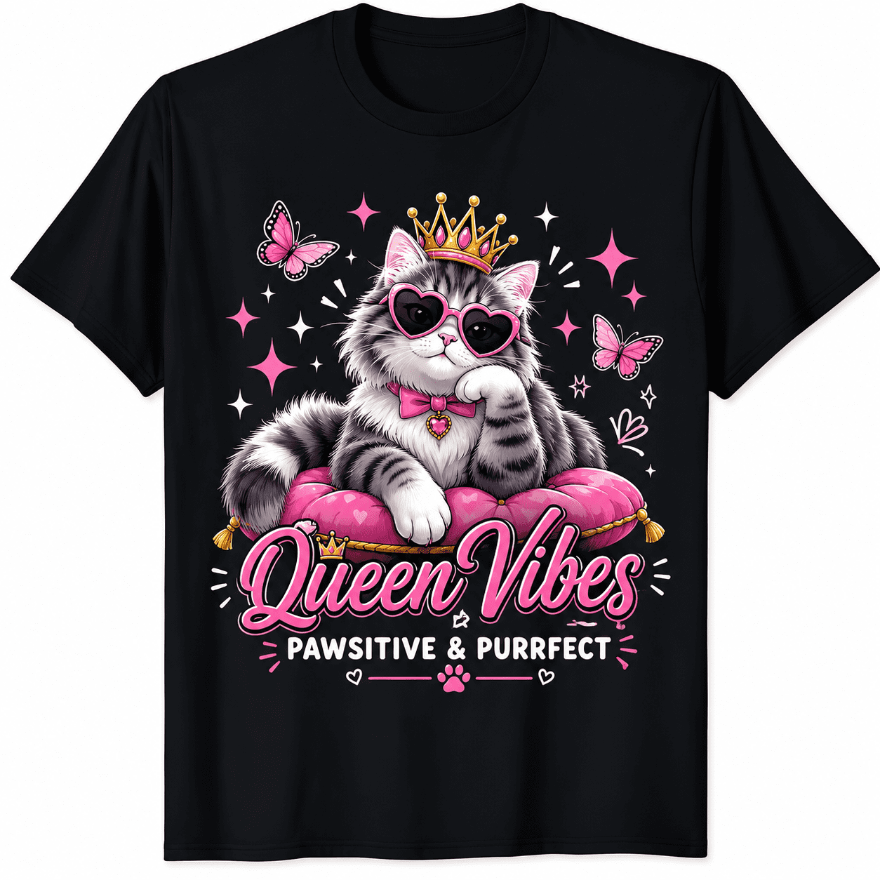 Women's Cute Cat Lover Graphic T-Shirt, Cartoon Queen Kitty Print Crew Neck Short Sleeve Casual Summer Top, Funny Animal Graphic Tee Gift