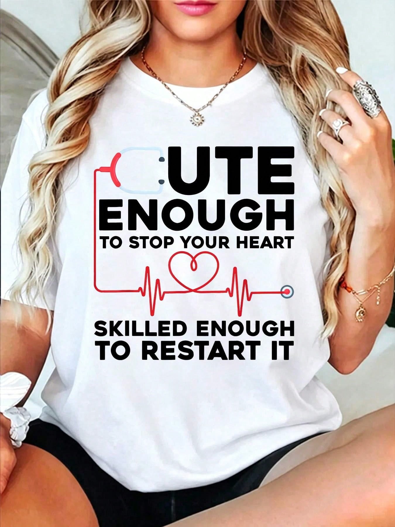 Women's Cute Enough To Stop Your Heart Nurse Graphic T-Shirt, Casual Short Sleeve Crew Neck Medical Worker Tee