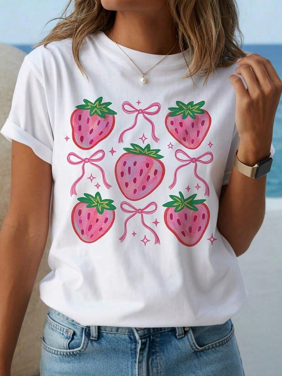 Women's Cute Strawberry Print T-Shirt - Red Strawberries And Pink Bows Short-Sleeve Top, Casual Shirt, Cute Style Strawberry Shirt
