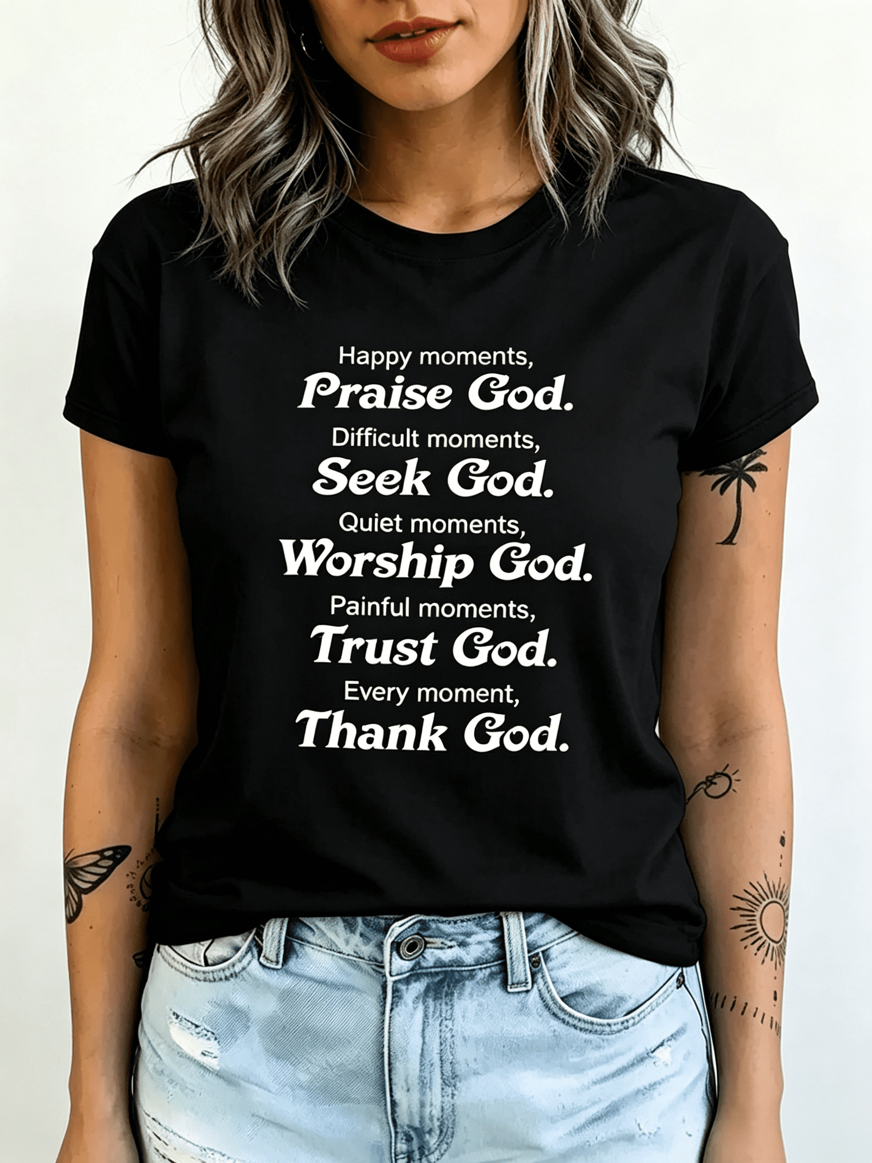 Women's Every Moment Thank God Graphic T‑Shirt, Vintage Script Faith Quote Short Sleeve Crew Neck Casual Tee