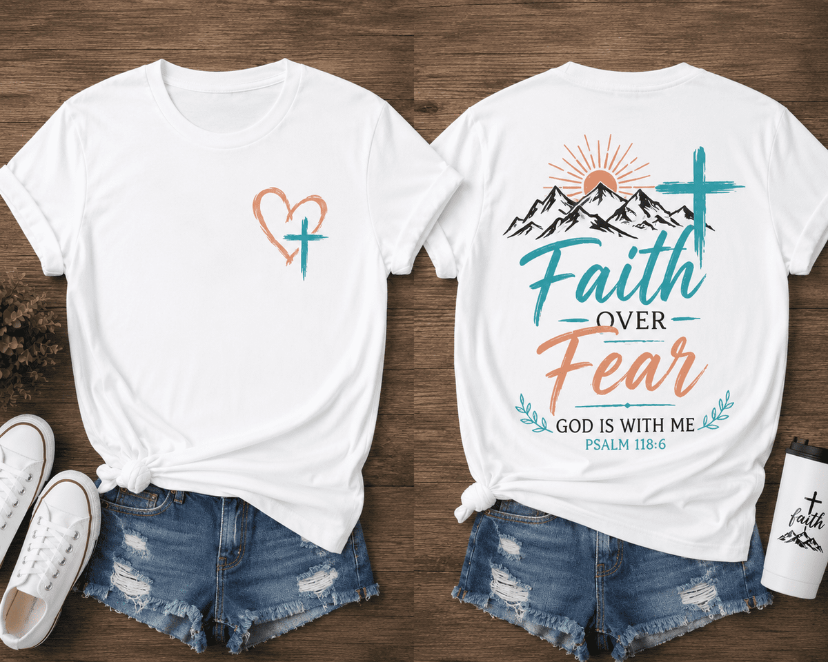 Women's Faith Over Fear Christian Graphic T-Shirt Inspirational Cross Mountain Short Sleeve Crew Neck Casual Religious Tee