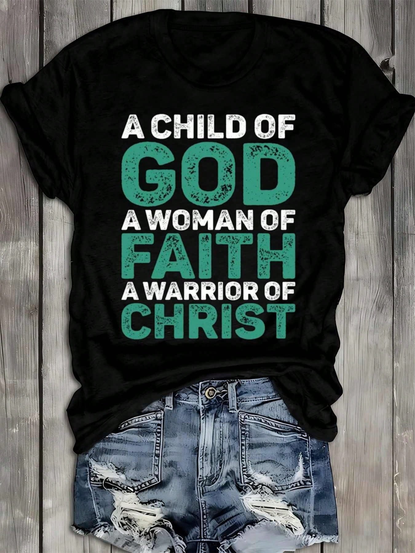 Women's Faith Warrior T-Shirt  100% Black Short Sleeve Round Neck Casual Tee With Spiritual Sayings & Hands Design - Comfortable For Church,