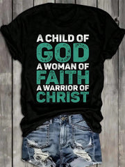Women's Faith Warrior T-Shirt  100% Black Short Sleeve Round Neck Casual Tee With Spiritual Sayings & Hands Design - Comfortable For Church,