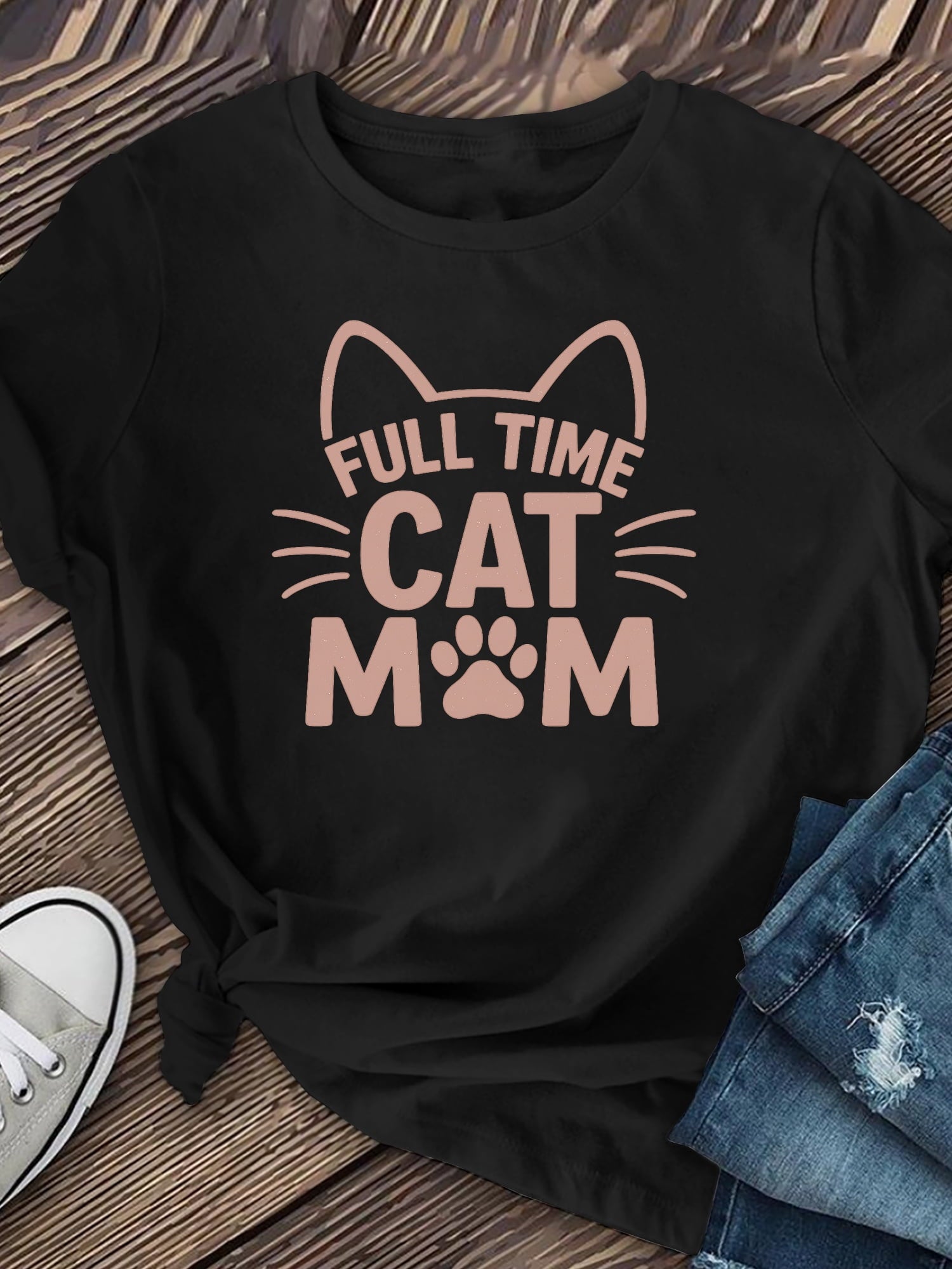 Women's Full Time Cat Mom Graphic T-Shirt, Cute Cat Lover Short Sleeve Crew Neck Casual Tee, Soft Comfortable Pet Lover Shirt, Everyday Summer Top, Gift for Cat Moms