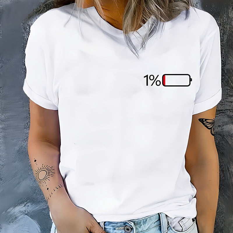 Women's Funny 1% Battery T Shirt, Low Battery Graphic Tee, Minimalist Tech Humor Short Sleeve Shirt, Casual Cotton Top for Everyday Wear