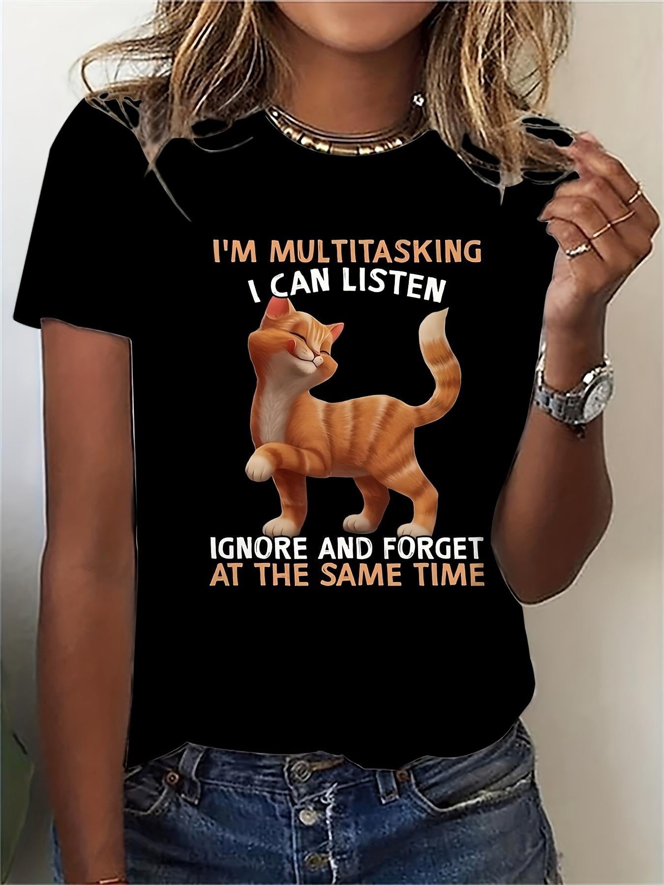 Women's Funny Cat Graphic T-Shirt, I'm Multitasking Humor Quote Tee, Cute Orange Cat Print Casual Crew Neck Short Sleeve Summer Top, Soft Novelty Gift Shirt