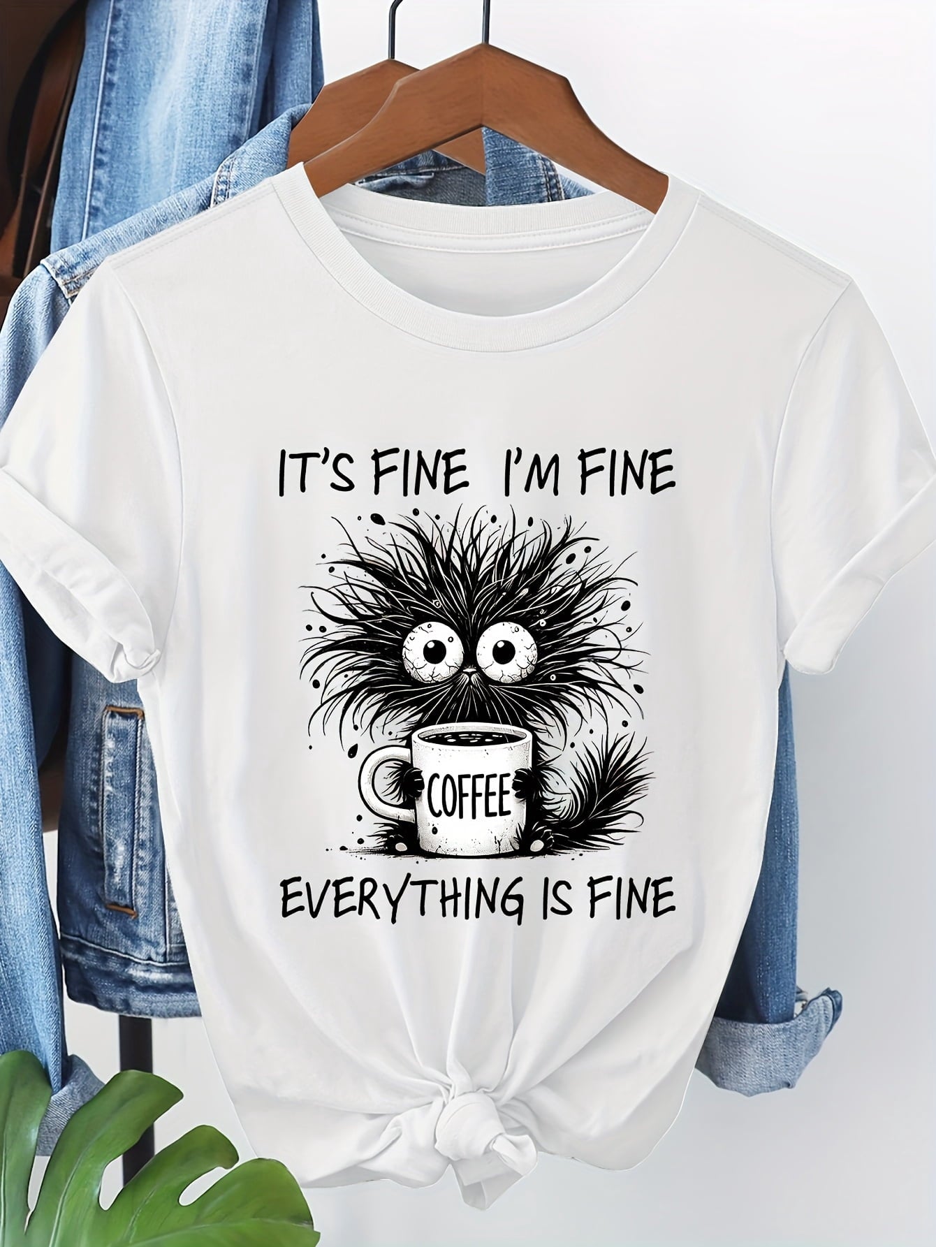 Women's Funny Coffee Graphic T-Shirt, It's Fine I'm Fine Everything Is Fine Print Casual Crew Neck Short Sleeve Tee, Cute Coffee Lover Everyday Shirt