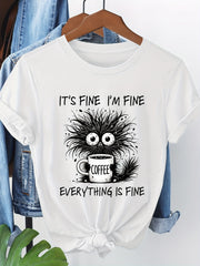 Women's Funny Coffee Graphic T-Shirt, It's Fine I'm Fine Everything Is Fine Print Casual Crew Neck Short Sleeve Tee, Cute Coffee Lover Everyday Shirt