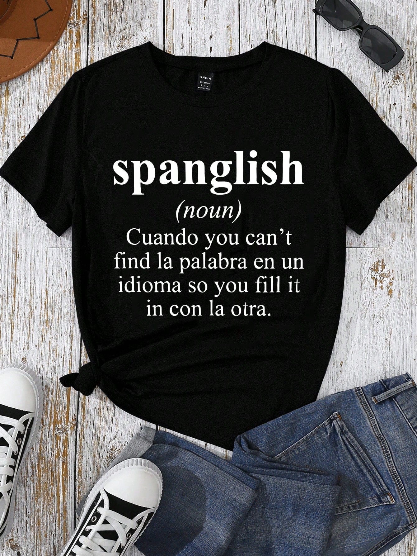 Women's Funny Spanglish Graphic T-Shirt, Bilingual Spanish English Quote Crew Neck Short Sleeve Casual Cotton Tee, Language Lover Everyday Summer Top