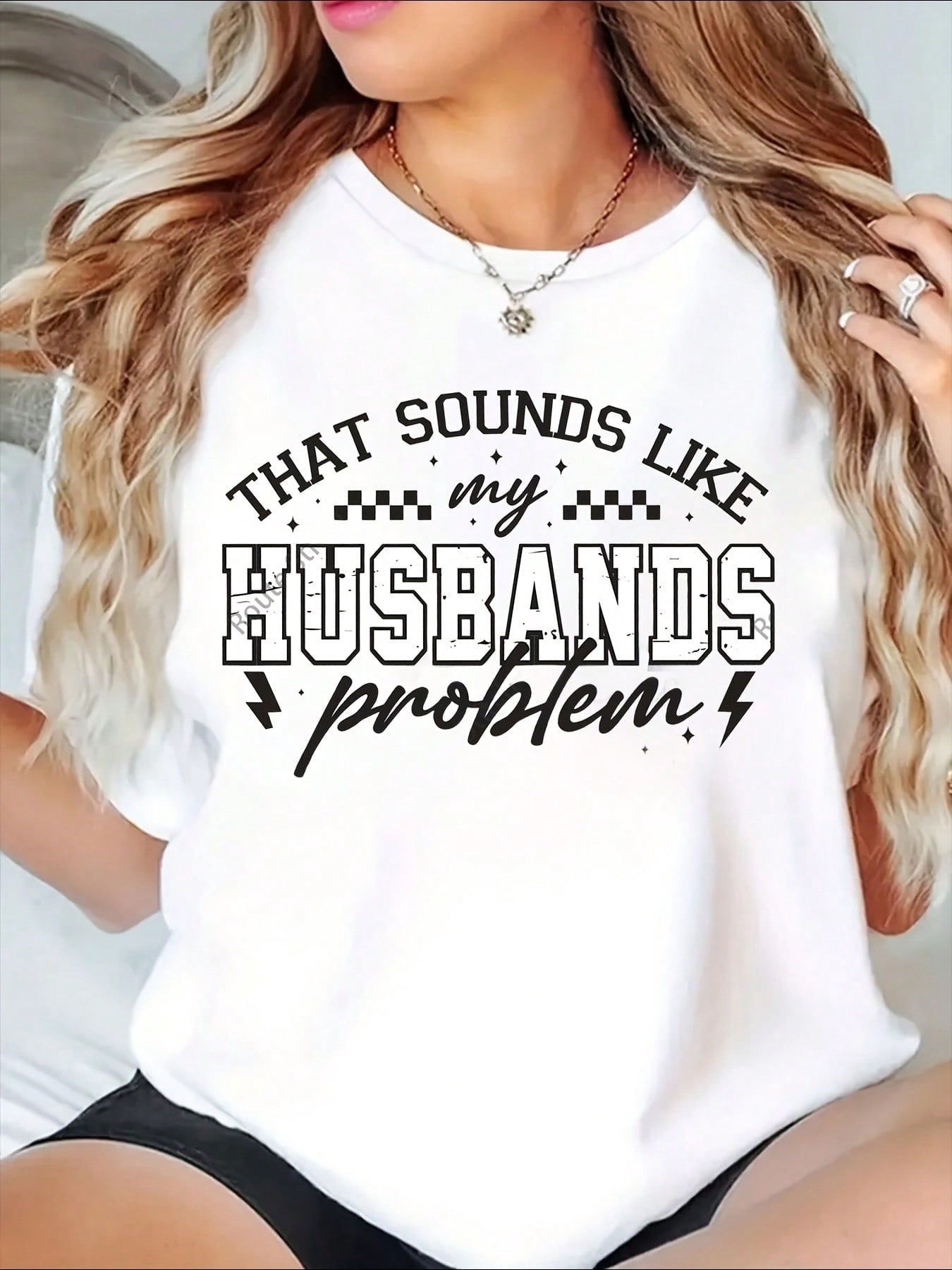 Women's Funny "That Sounds Like My Husband's Problem" Graphic T-Shirt, Casual Crew Neck Short Sleeve Statement Tee, Soft Breathable Everyday Top, Humor Gift for Wife, Mother's Day, Birthday or Weeken
