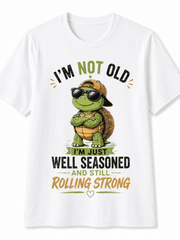 Women's Funny Turtle Graphic T-Shirt, I'm Just Well Seasoned and Still Rolling Strong, Cute Short Sleeve Crew Neck Casual Tee