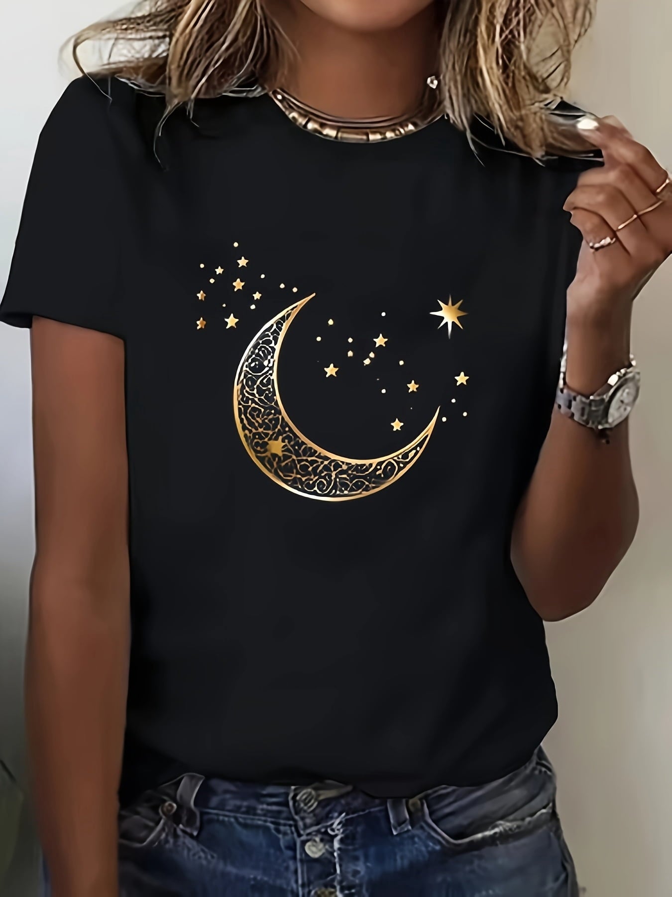Women's Gold Crescent Moon and Stars Graphic Tee, Boho Celestial Print Short Sleeve Crew Neck T-Shirt, Casual Soft Everyday Summer Top, Available in Plus Sizes
