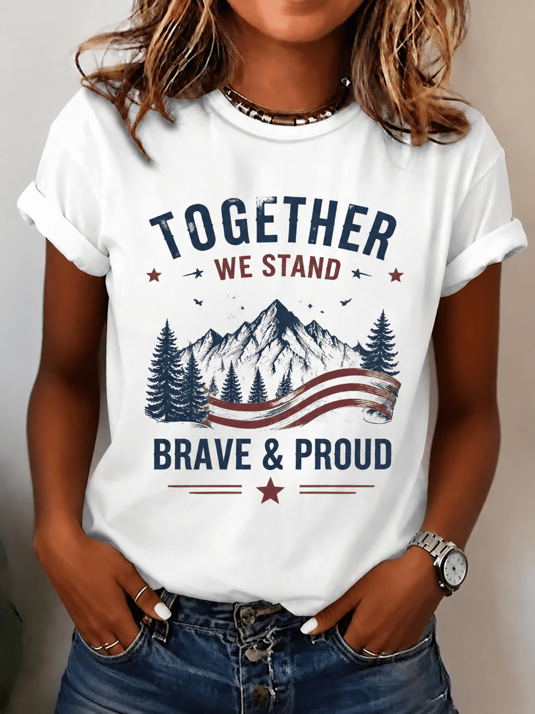 Women’s Graphic T-Shirt “Together We Stand Brave & Proud” Patriotic Mountain Print Casual Tee