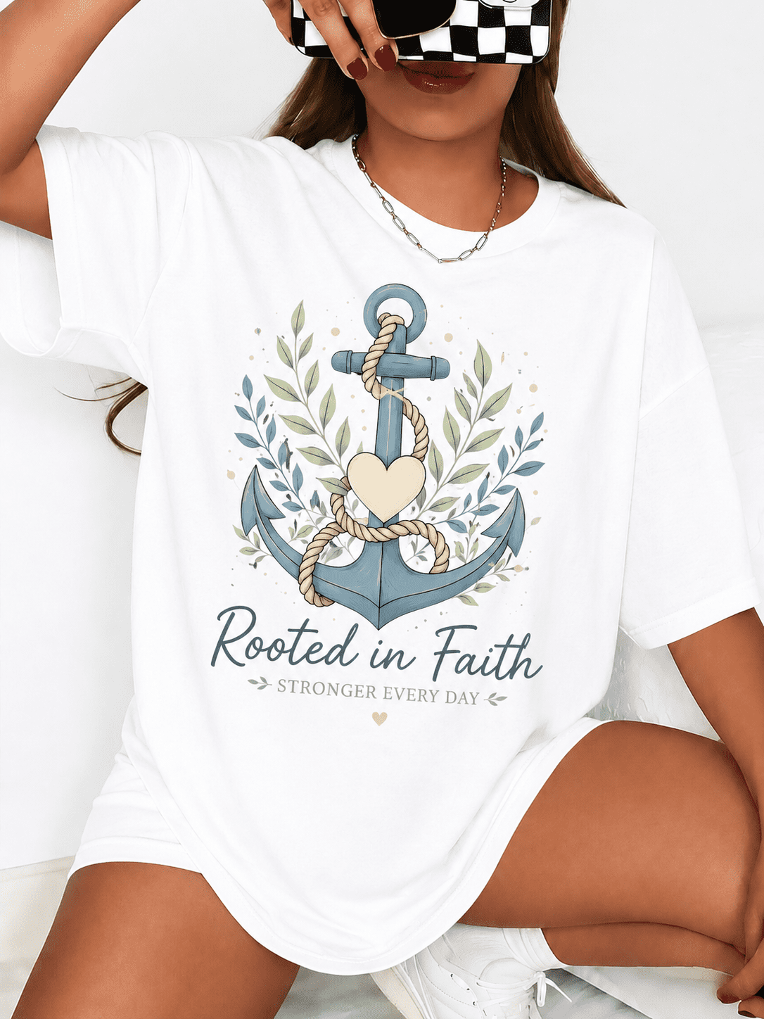 Women's Graphic T-Shirt with Anchor and Heart Design, Casual Inspirational Crewneck Tee