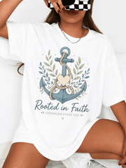 Women's Graphic T-Shirt with Anchor and Heart Design, Casual Inspirational Crewneck Tee