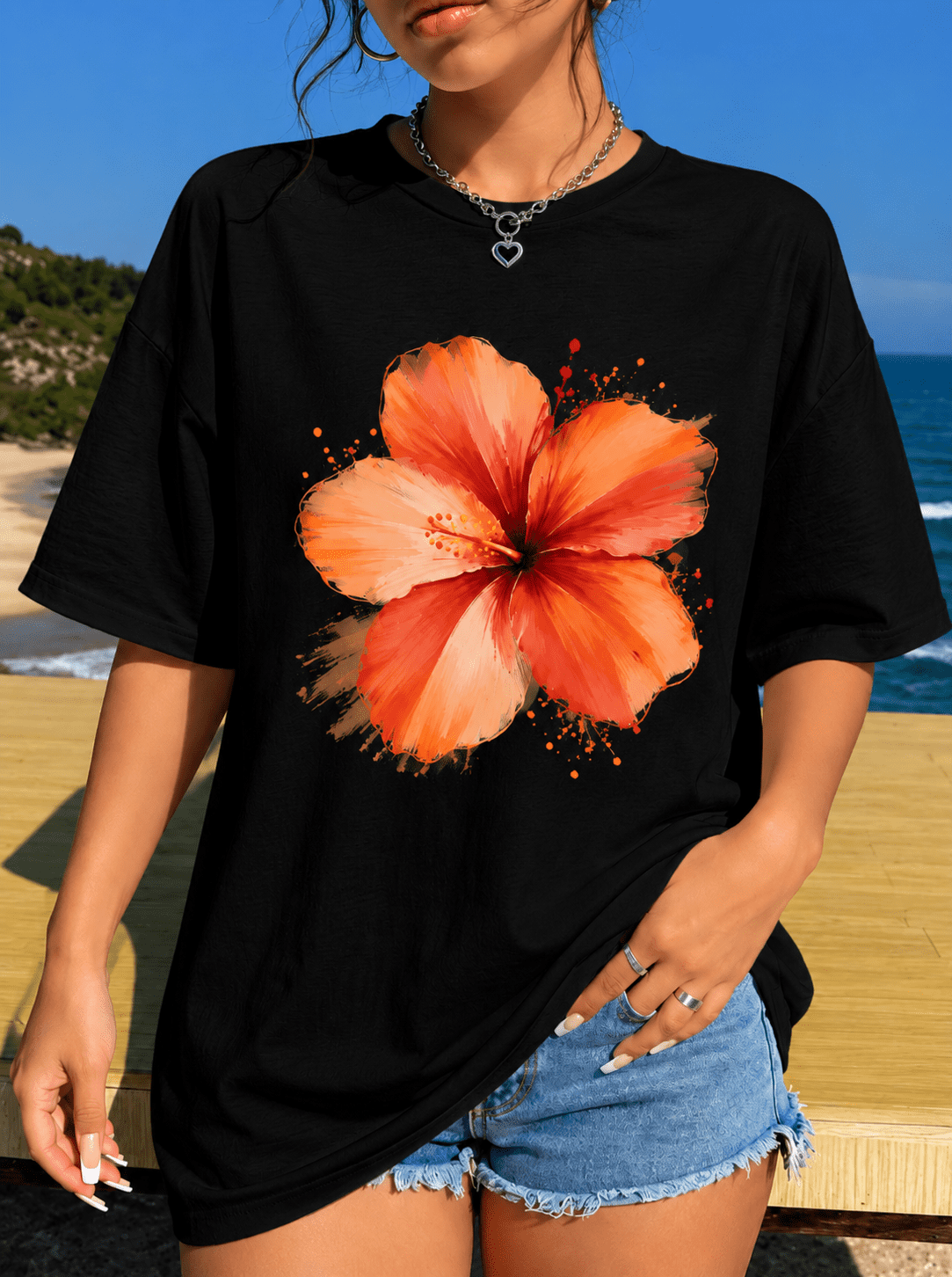 Women's Hibiscus Flower Graphic T-Shirt Casual Oversized Crew Neck Short Sleeve Summer Beach Tee Black