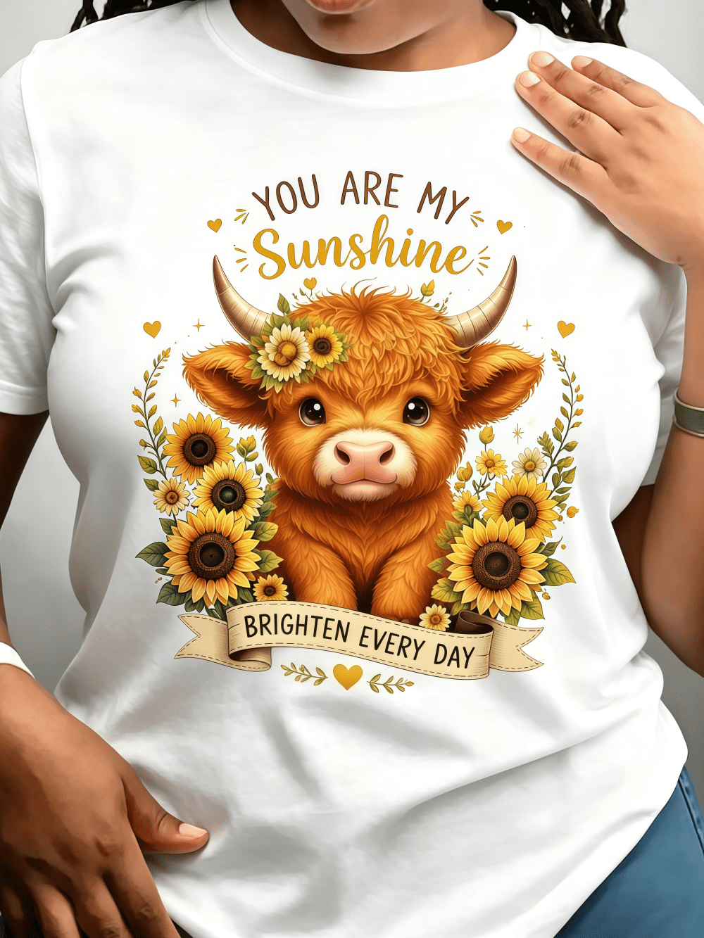 Women's Highland Cow Sunflower Graphic T-Shirt, You Are My Sunshine Brighten Every Day Cute Floral Cow Short Sleeve Crew Neck Casual Tee