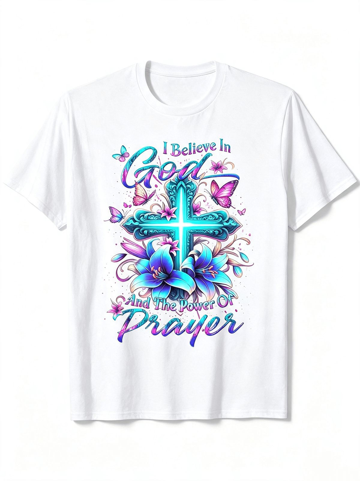 Women’s I Believe In God And The Power Of Prayer Cross Butterfly Lily Floral Graphic T-Shirt, Religious Faith Short Sleeve Crew Neck Casual Top For Christian Gift